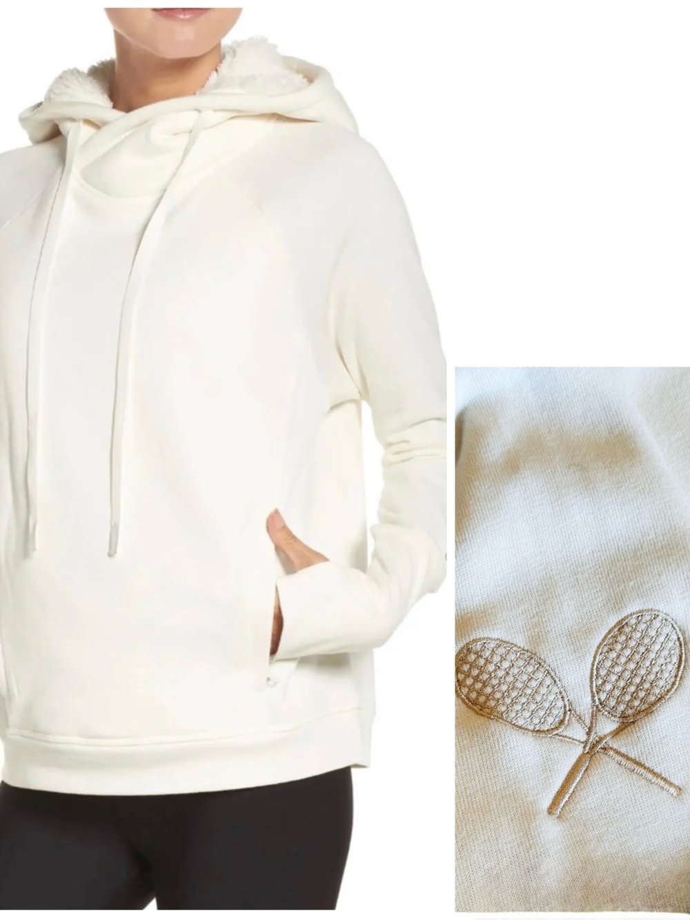ALO Yoga Cream Fleece Sherpa-Lined Hoodie Sweatshirt Embroidered Tennis Rackets